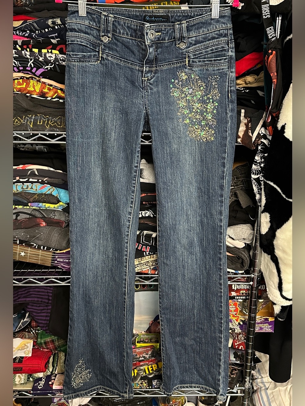 Y2K PZ women's med wash faded sequin embroidered straight mini flare jeans, 28"